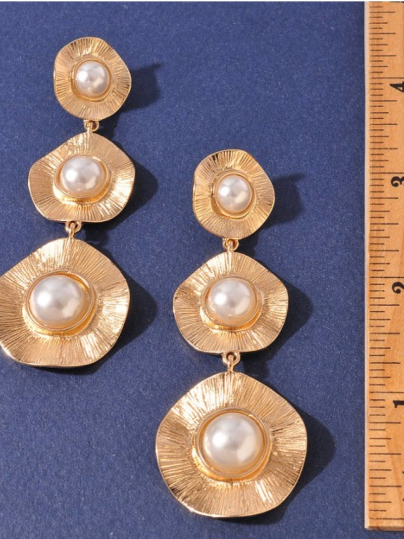 Triple Pearl Hammered Disc Long Earrings