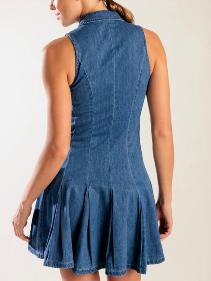 Fitted Collared Sleveless Short Denim Dress