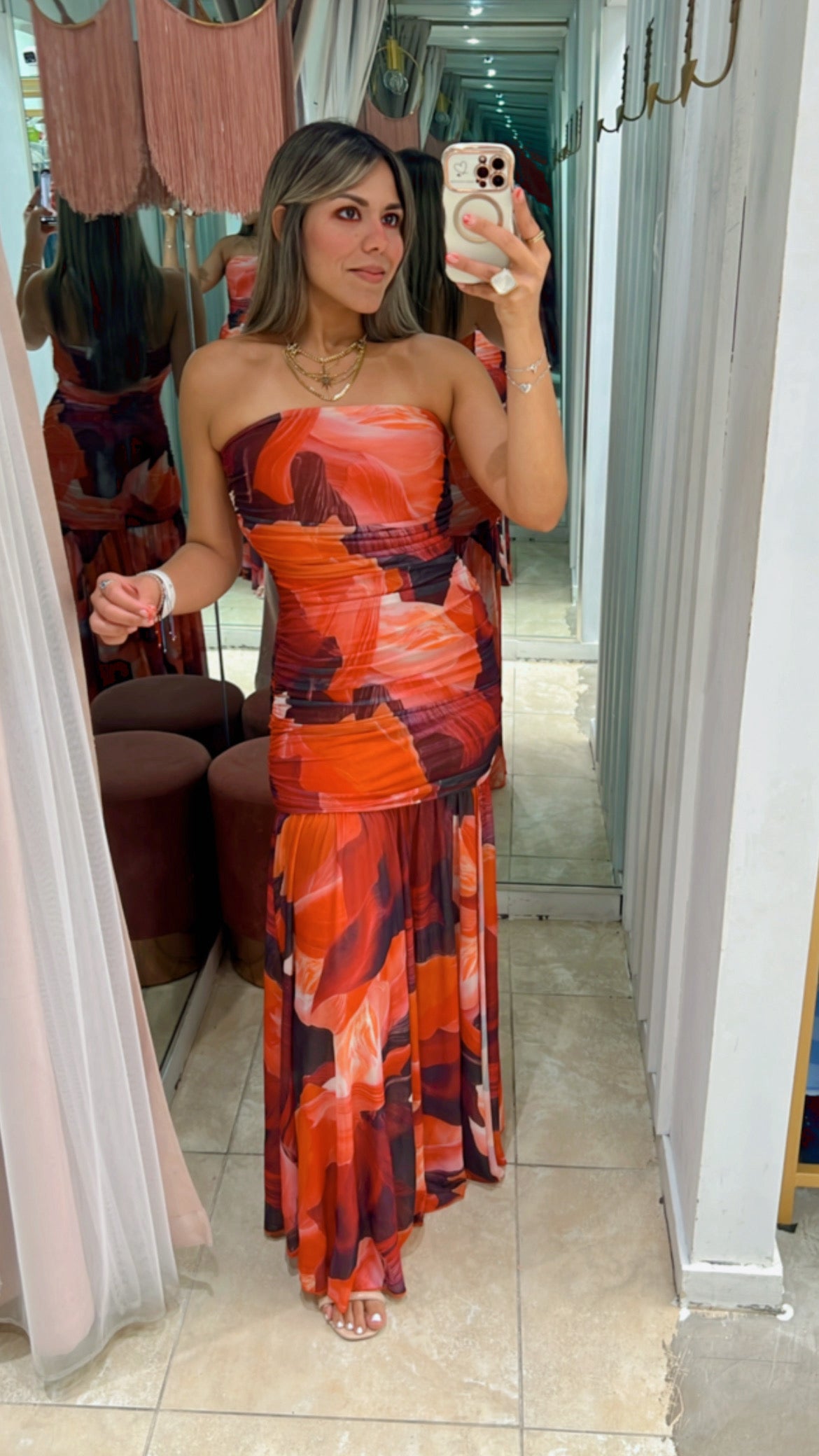 Beautiful Crimson Print Strapless Maxi Dress