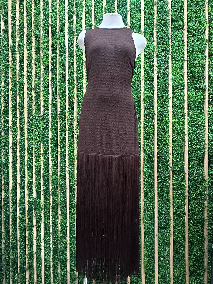 Beautiful Textured Brown Tassel Skirt Long Dress