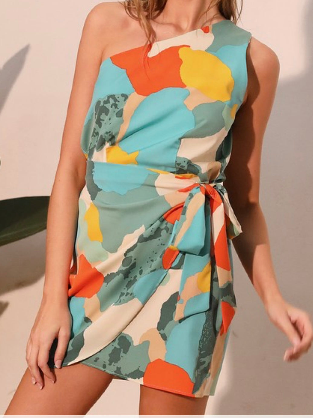 Pretty Abstract Print One Shoulder Wrap Short Dress