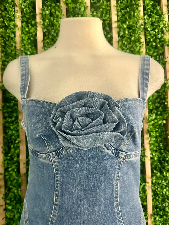 Denim Flower Detail Strap Short Dress