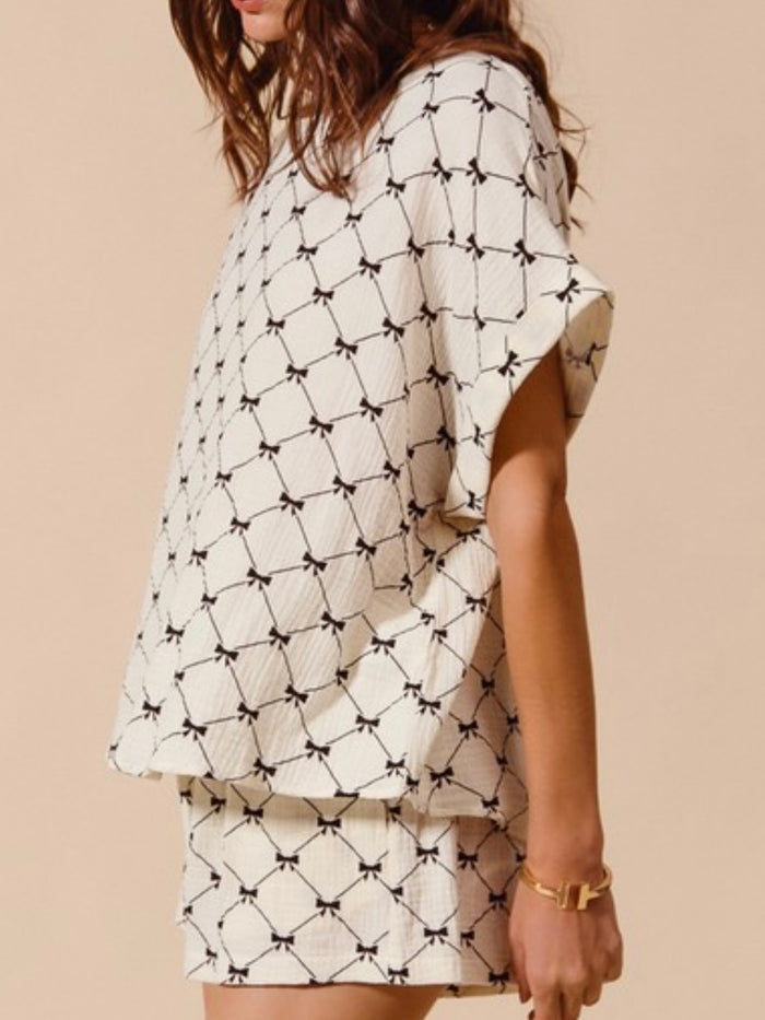 Ivory Bow Printed Gauze Short Pant Set