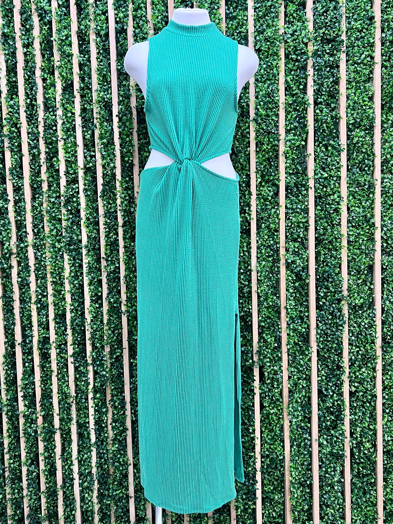 Green Knot Detail Sleeveless Cutout Mido Dress