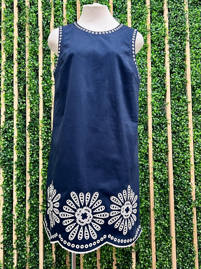 Navy Embroidered Trim Dress