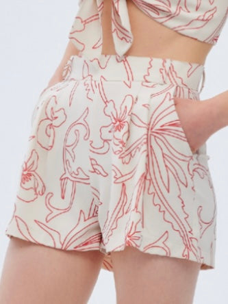 Coral Floral Outline Beige Shorts