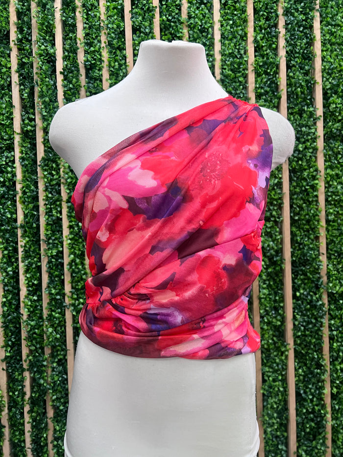 Raspberry Ruched Floral One Shoulder Mesh Top