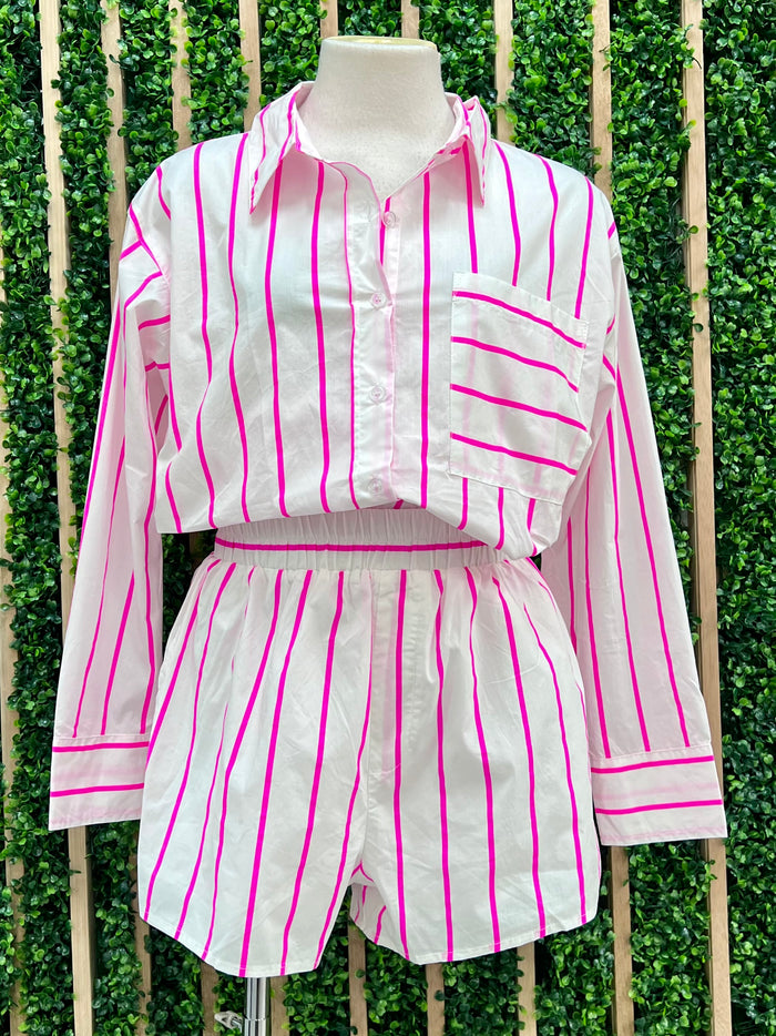 White Pink Stripe Short Pant Set