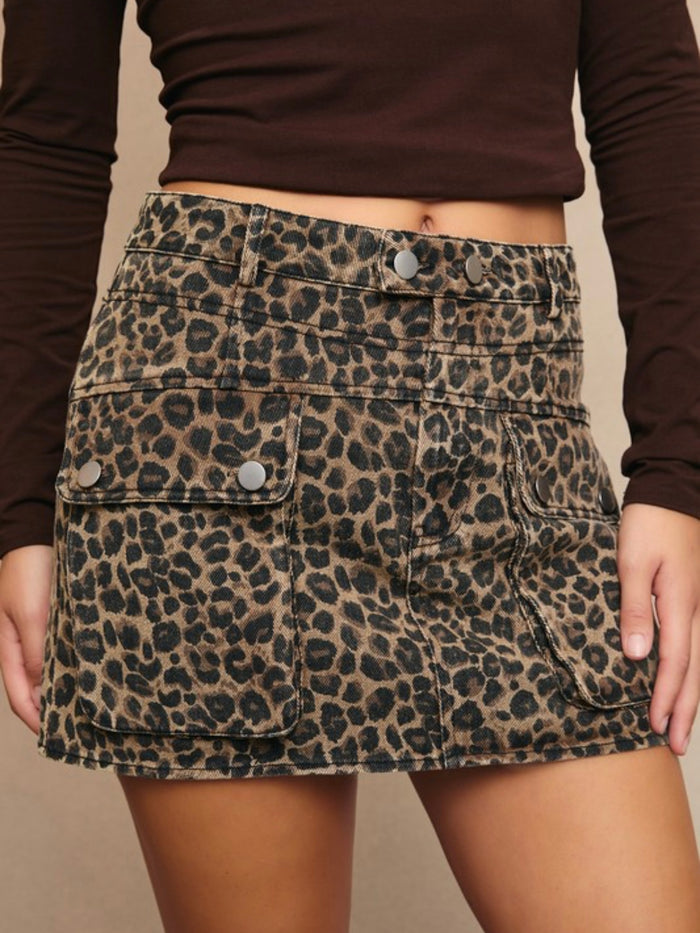 Brown Leopard Pocket Detail Short Skirt
