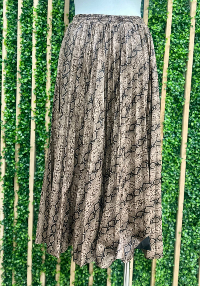 Tan Animal Print Pleated Midi Skirt