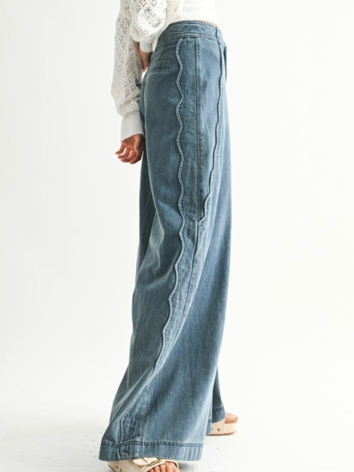 Scalloped Wide Leg Denim Trousers