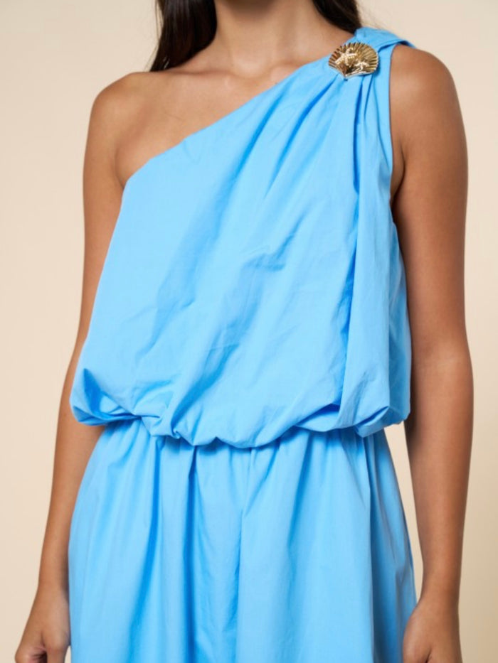 Azure One-Shoulder Goddess Maxi Dress