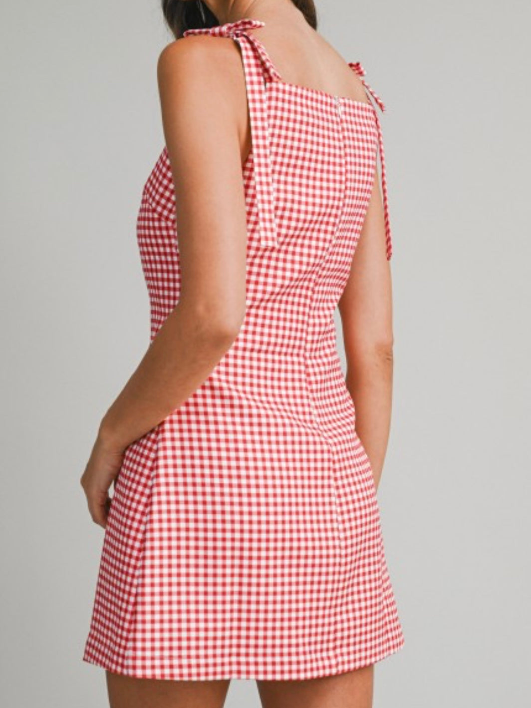 Gingham Sleeveless Short Dress With Shoulder Bow Detail