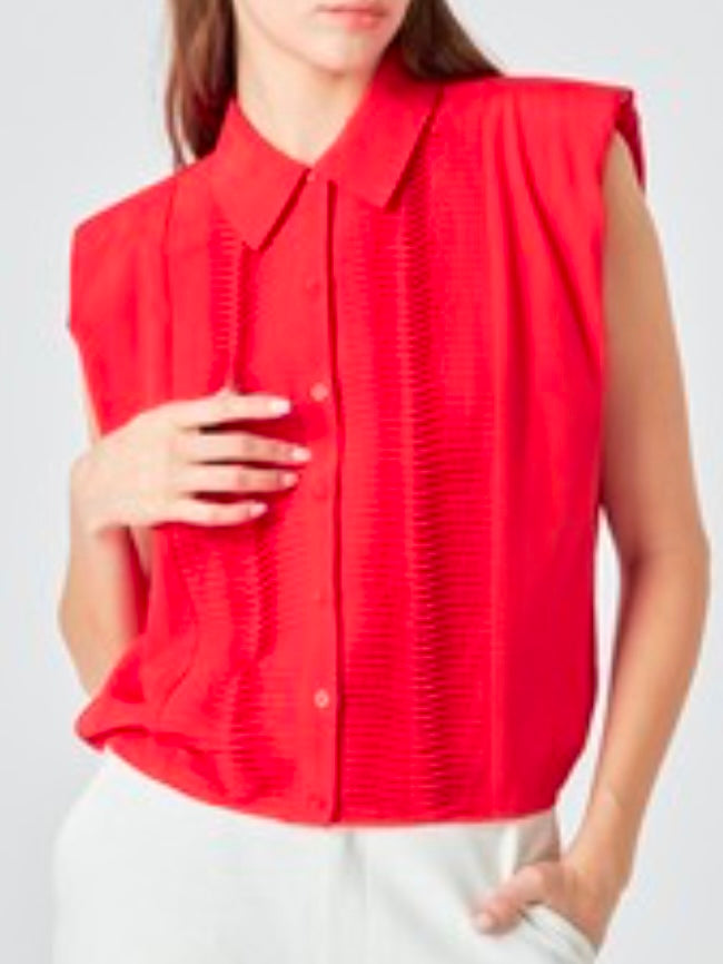 Red Sleeveless Guayabera Blose