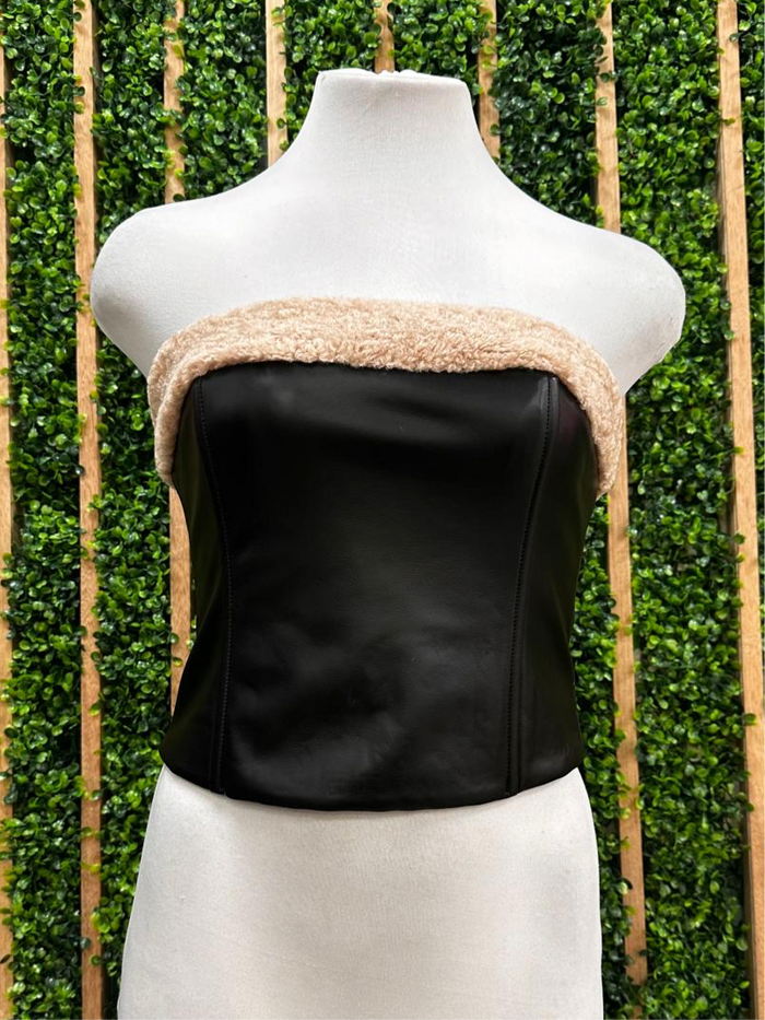 Sherpa Trim Black Pleather Strapless Top