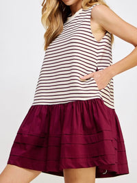 Burgundy Stripe Drop Waist Short Dress