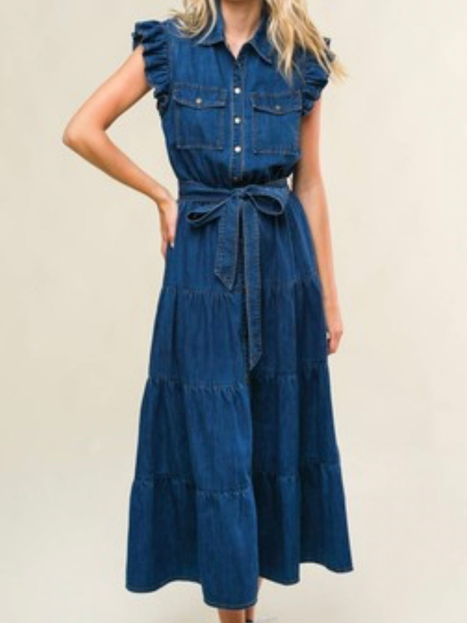 Ruffled Denim Midi Dress