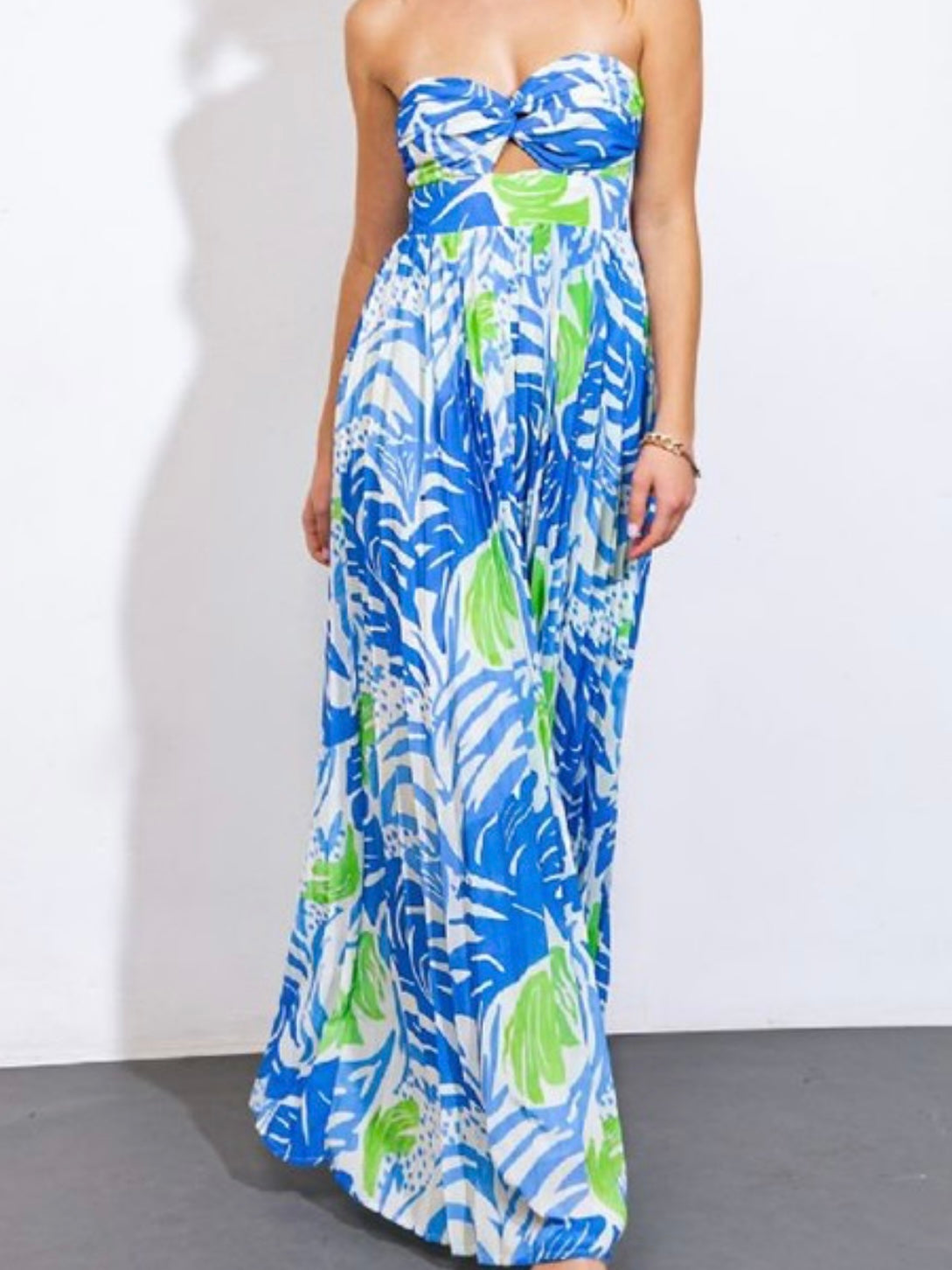 Blue Green Tropical Strapless Cutout Jumpsuit