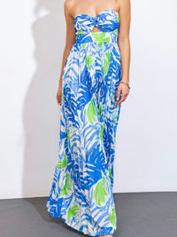 Blue Green Tropical Strapless Cutout Jumpsuit