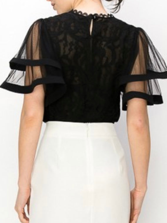 Black Organza Sleeves Lace Blouse