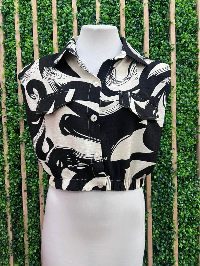 Black White Geo Padded Shoulder Top