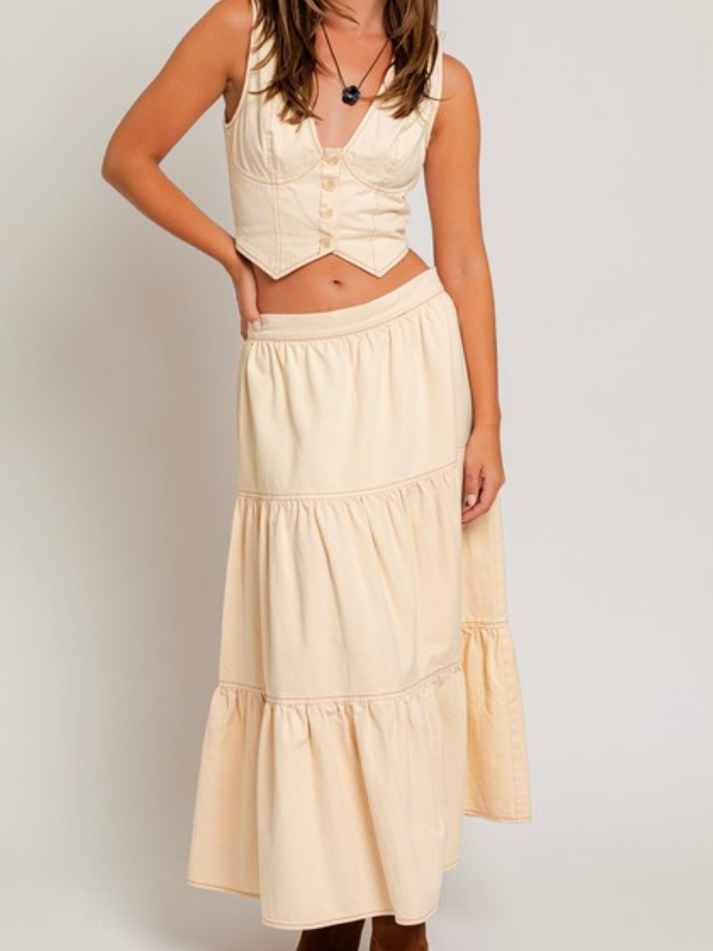 Cream Tiered Denim Midi Skirt