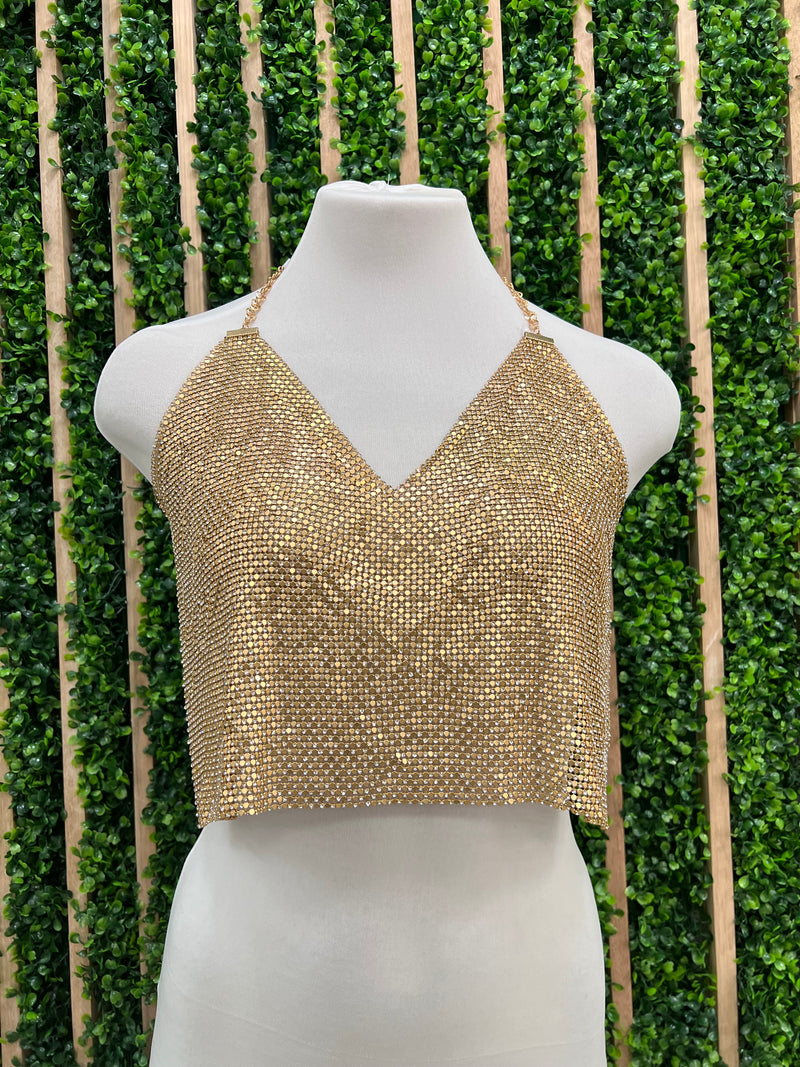 Rhinestone Detail V Neckline Chain Crop Top