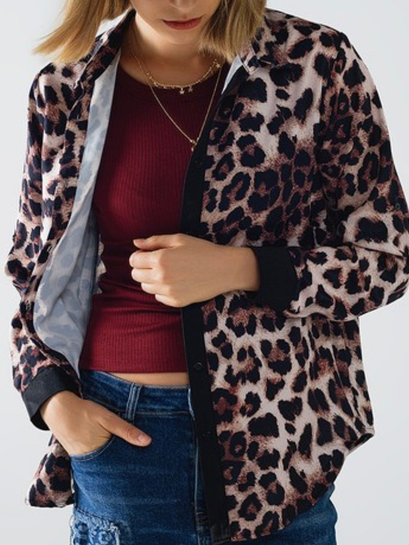 Brown Leopard Black Trim Blouse