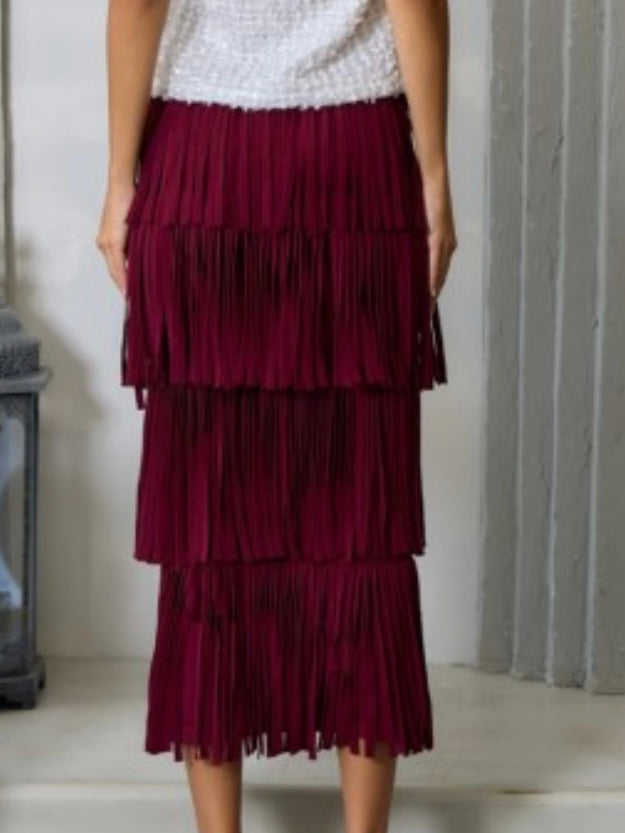 Wine Fringe Sweater Midi Skirt