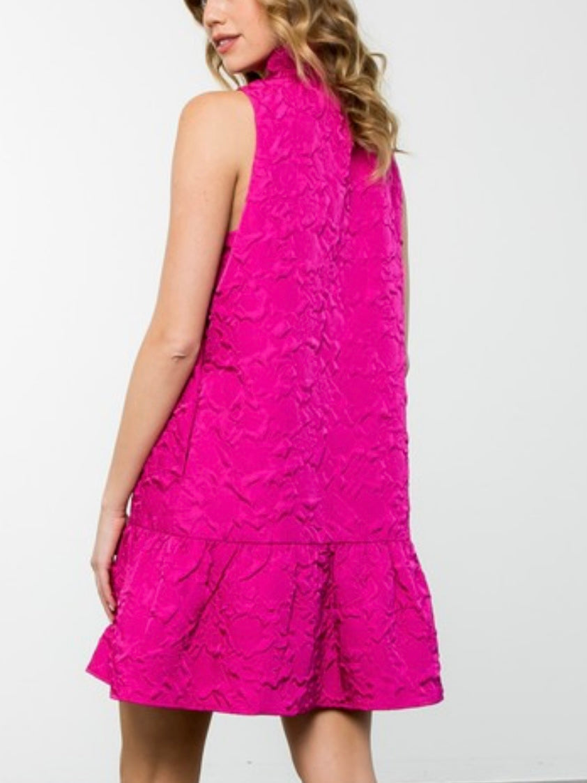 Dressy Magenta Textured High Neck Sleeveless Dress