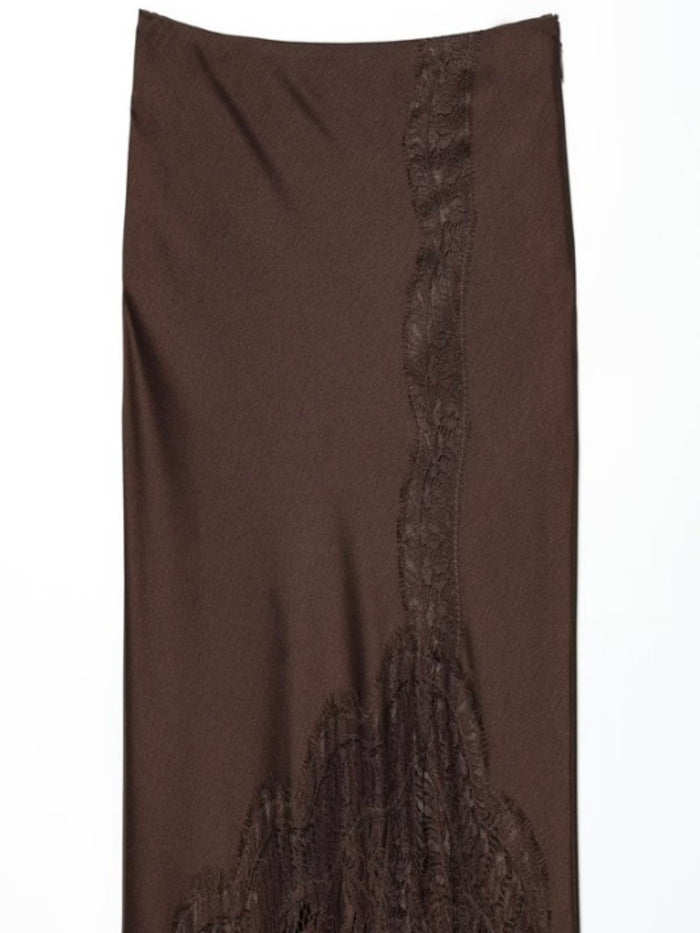 Brown Lace Detail Satin Midi Skirt