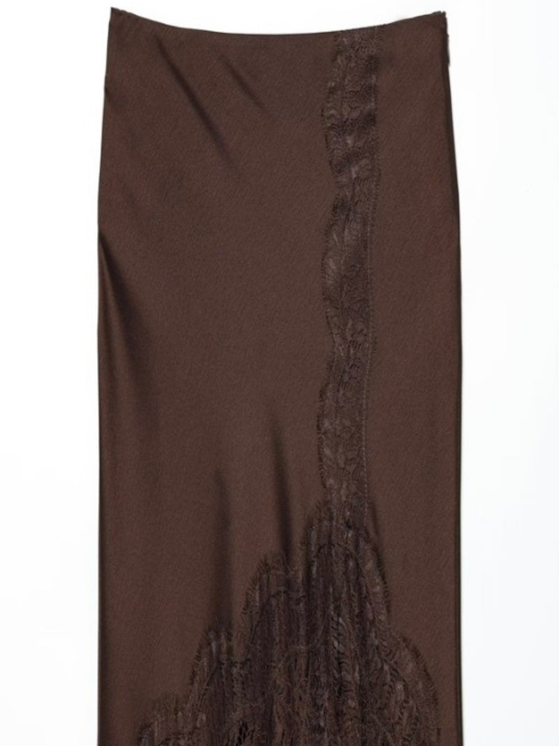 Brown Lace Detail Satin Midi Skirt