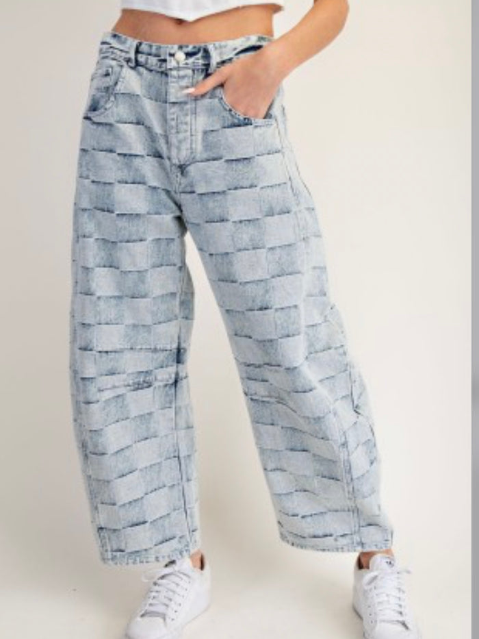 Checker Print Denim Barrel Pants