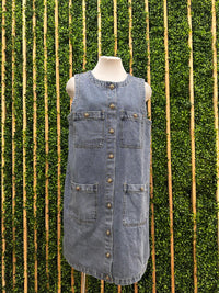 Dark Denim Button and Pocket Detail Sleeveless Short Dress