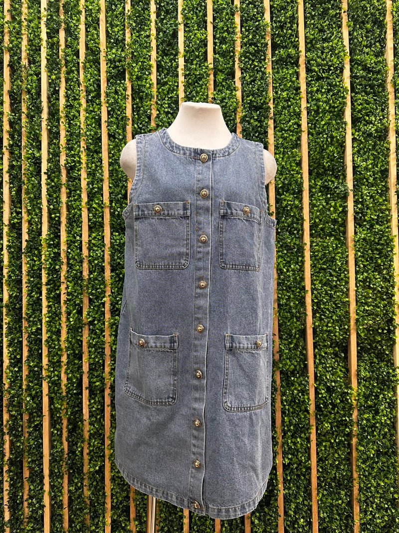 Dark Denim Button and Pocket Detail Sleeveless Short Dress