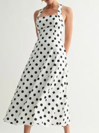 White Black Polka Dot Cross Back Midi Dress