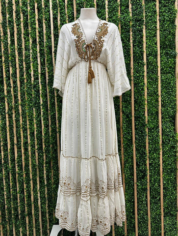 Soft Gold Embroidery Boho Tiered Short Dress