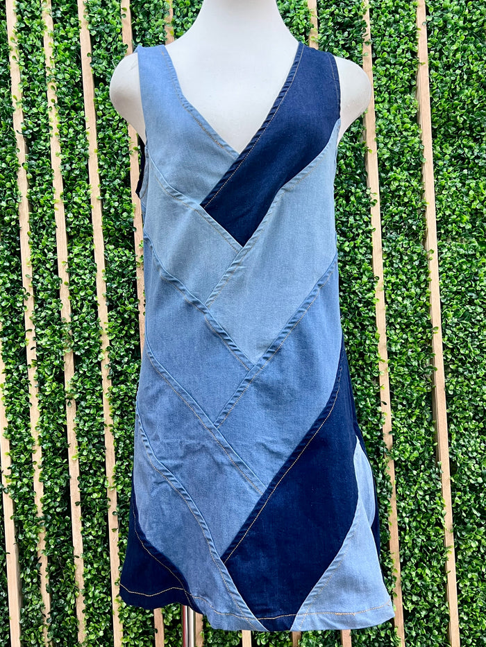 Multi Denim Contrast V Neck Short Dress