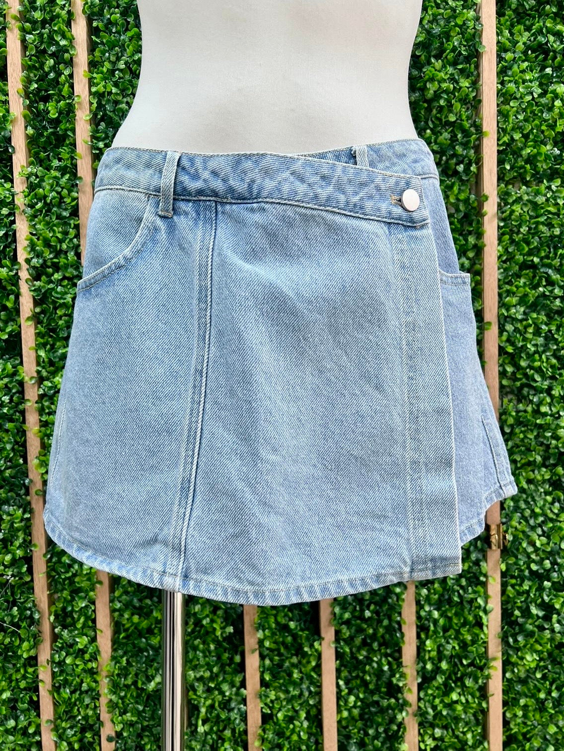 Front Button Closure Denim Wrap Skort