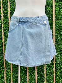 Front Button Closure Denim Wrap Skort