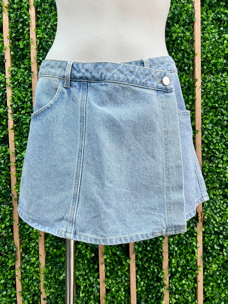 Front Button Closure Denim Wrap Skort