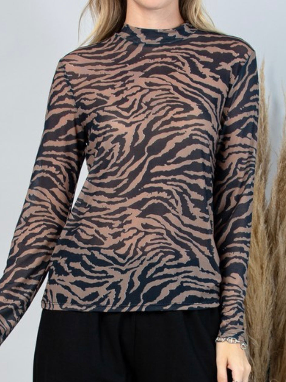 Brown Zebra Mesh Long Sleeve Top