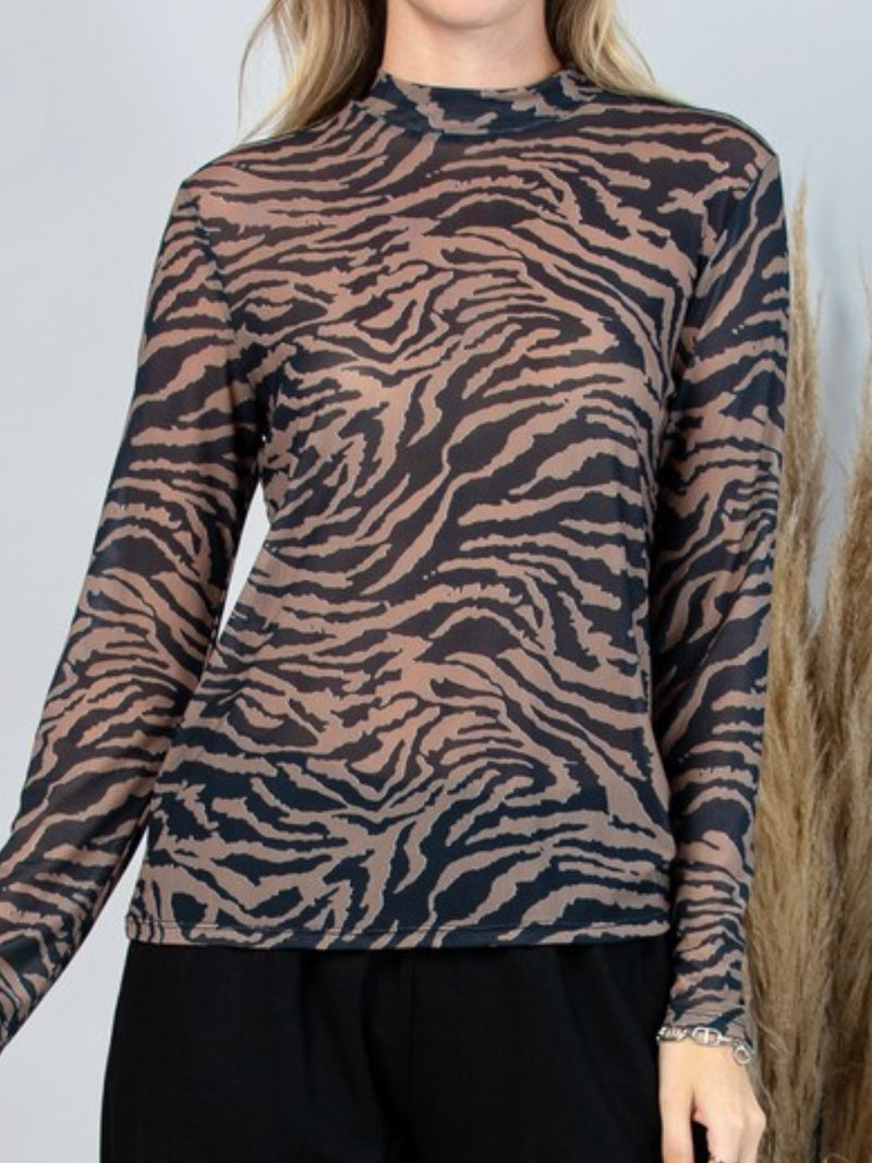 Brown Zebra Mesh Long Sleeve Top