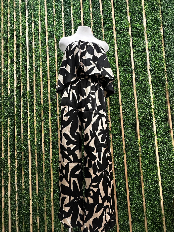 Black White Print Strapless Jumpsuit