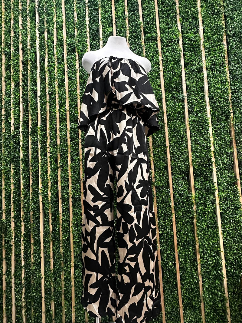 Black White Print Strapless Jumpsuit