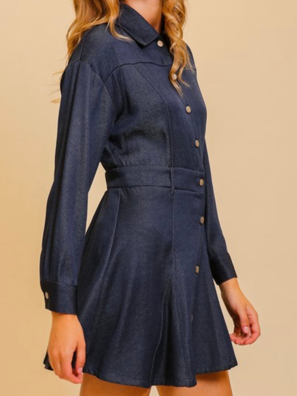 Dark Denim Long Sleeve Short Flare Dress