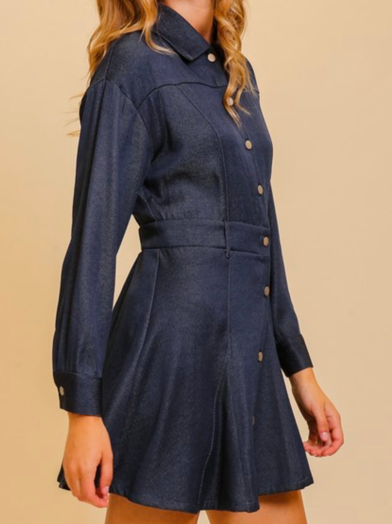 Dark Denim Long Sleeve Short Flare Dress