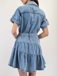 Collared Denim Tiered Short Dress