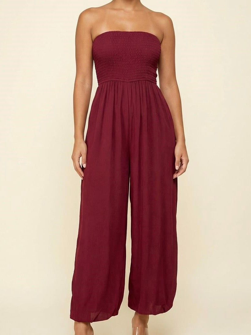Dressy Strapless Smocked Wide-Leg Jumpsuit