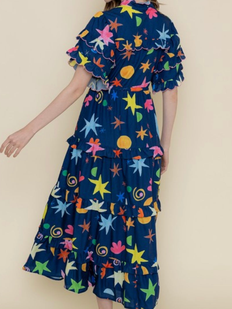 Fun Print Ruffle Sleeve Midi Dress